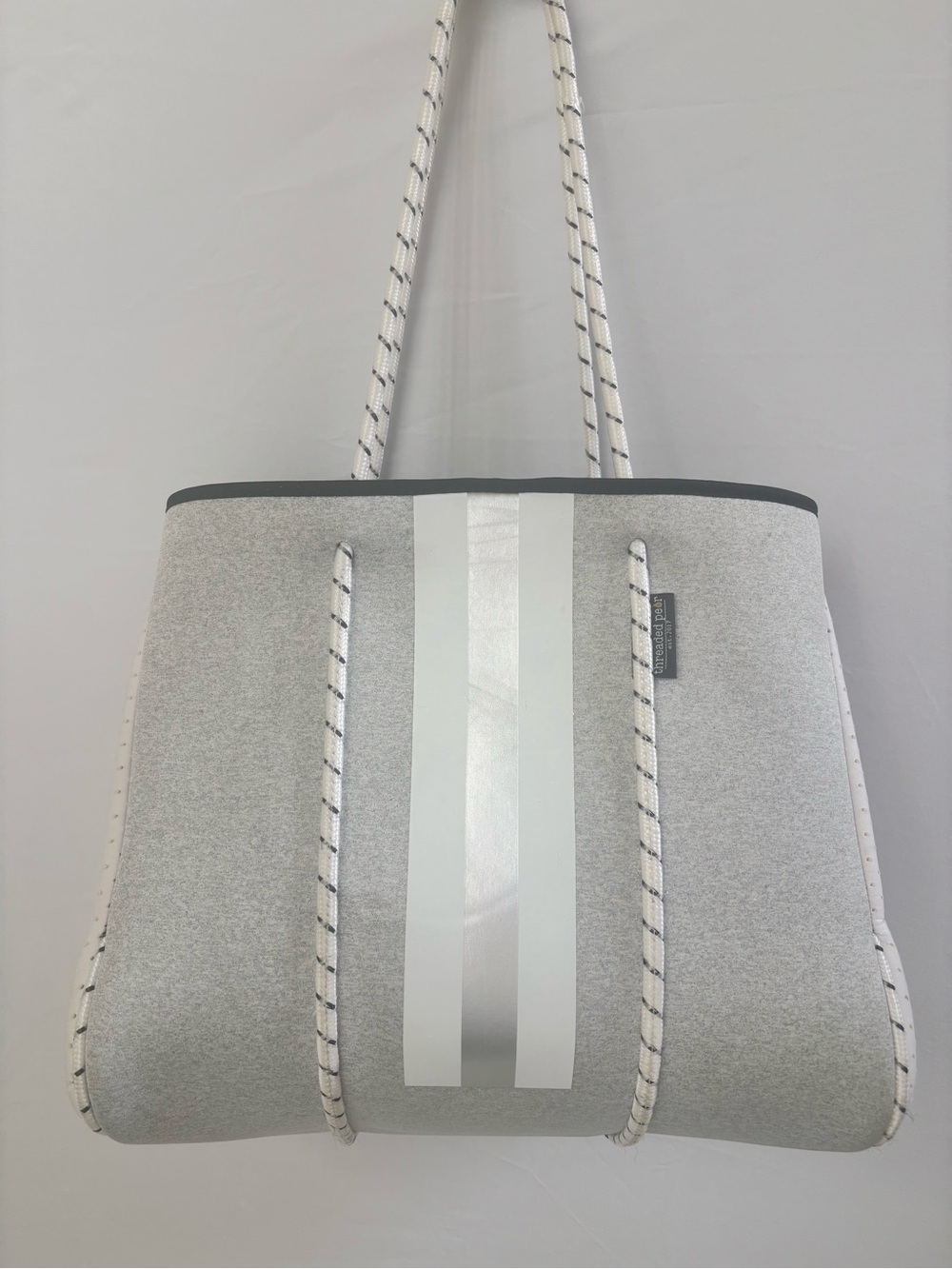 Threaded Pear Gray White Neoprene Tote Bag Rope Handles Shoulder Bag
